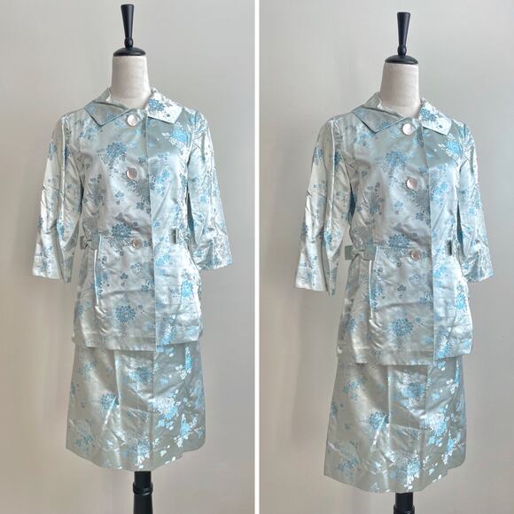 Vintage 60s Custom Satin Jacquard Vogue Couturier Design Skirt Suit 2 pcs XS S